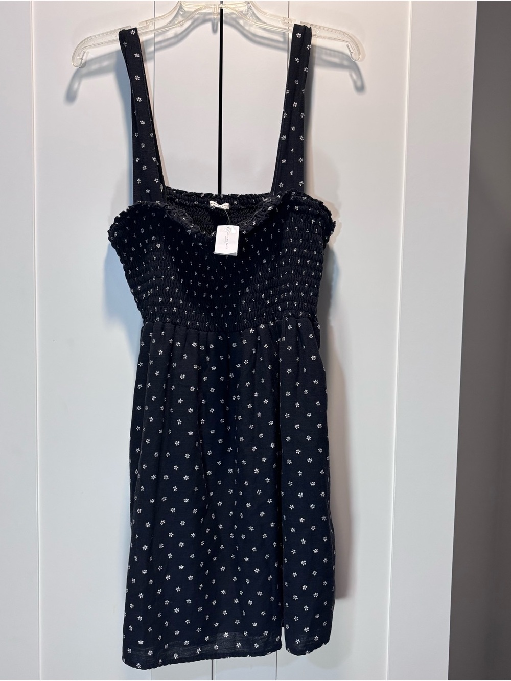 NWT Linen Cotton American Eagle Smock Dress Sleeveless Navy White Micro Floral